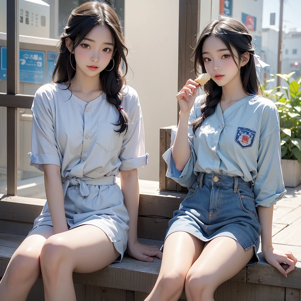 There is a girl eating something with a blue stick, sakimichan, Realistic young gravure idol, Eating ice cream, mayuri shiina, Sky blue straight hair, pretty girl, Real life anime girls, Eating ice cream, Yoshitomo Nara, shikamimi, Beldelfinn