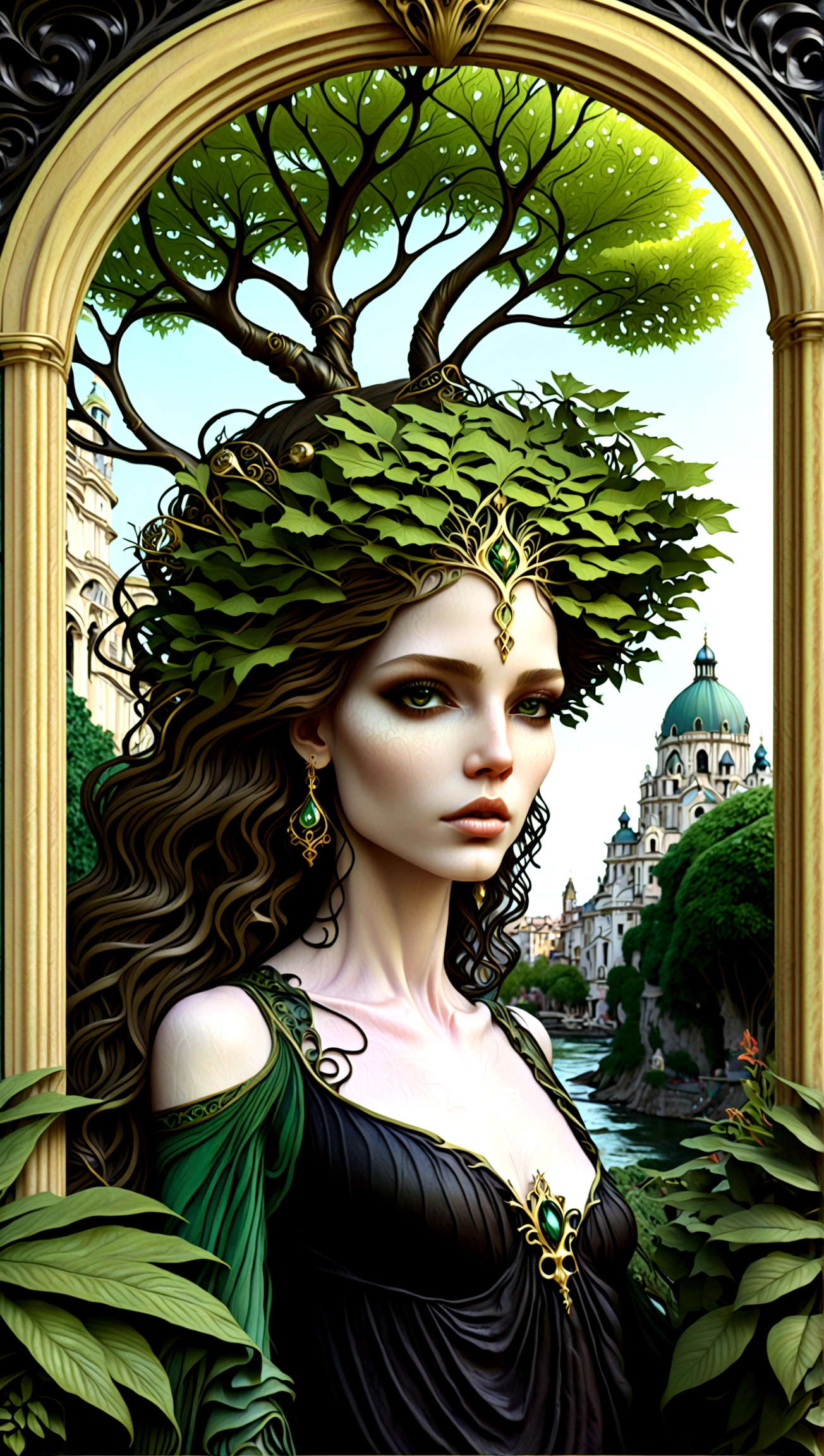 a beautiful portrait of a woman with the tree of life growing from her head in an abstract marble texture with a tarot style frame, with colors of obsidian black, shiny gold, and emerald green, highly detailed, intricate design, BY Anne Bachelier,