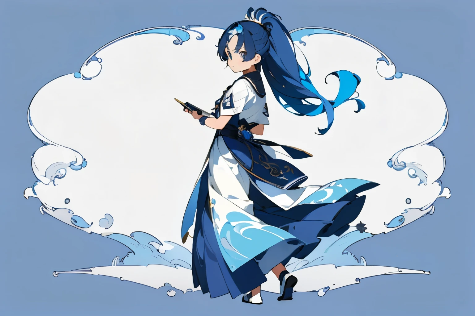 ((masterpiece)),(((best quality))),(character design sheet, same character, front, side, back), illustration, 1 girl, indigo blue hair color, bangs, hairstyle fax, eyes, environment change scene, Hairstyle Fax, Pose Zitai, Female, Star, Charturnbetalora, (simple background, white background: 1.3)