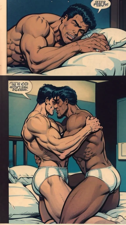 a skinny black boy and a muscular man cuddling in bed while wearing only white underwear manga line art