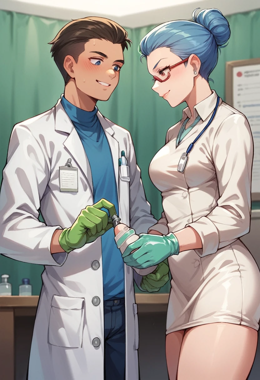 1boy, 2girls, light hair, square haircut, ponytail, ((white surgical gloves)), ((purple doctor outfit)), (((purple surgeon outfit))), (((((long sleeves))))), ((elbow gloves)), erection, gloved handjob, gloves, handjob, hetero, indoors, latex, latex gloves, looking at dick, (doctor), penis, pov, uncensored
