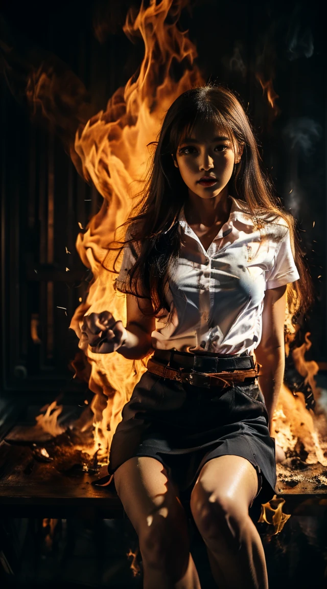 18 year old woman in Thai university uniform, white shirt, black skirt, brown belt, white sneakers, Sitting cross-legged on the table, fire around her in dark background, create fire from her hand, fire orange long hair, high detail, dynamic pose, low key