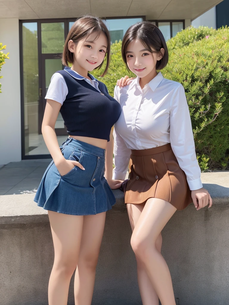 Highest quality、masterpiece、8K、Very detailed、Realistic、(Young face:1.2)、(Looks like an :1.2)、3 people、Looking at me with a smile、whole body、(Big Breasts)、Thin and beautiful legs、Tight and slim waist、Tight shirt、mini skirt、Short Hair