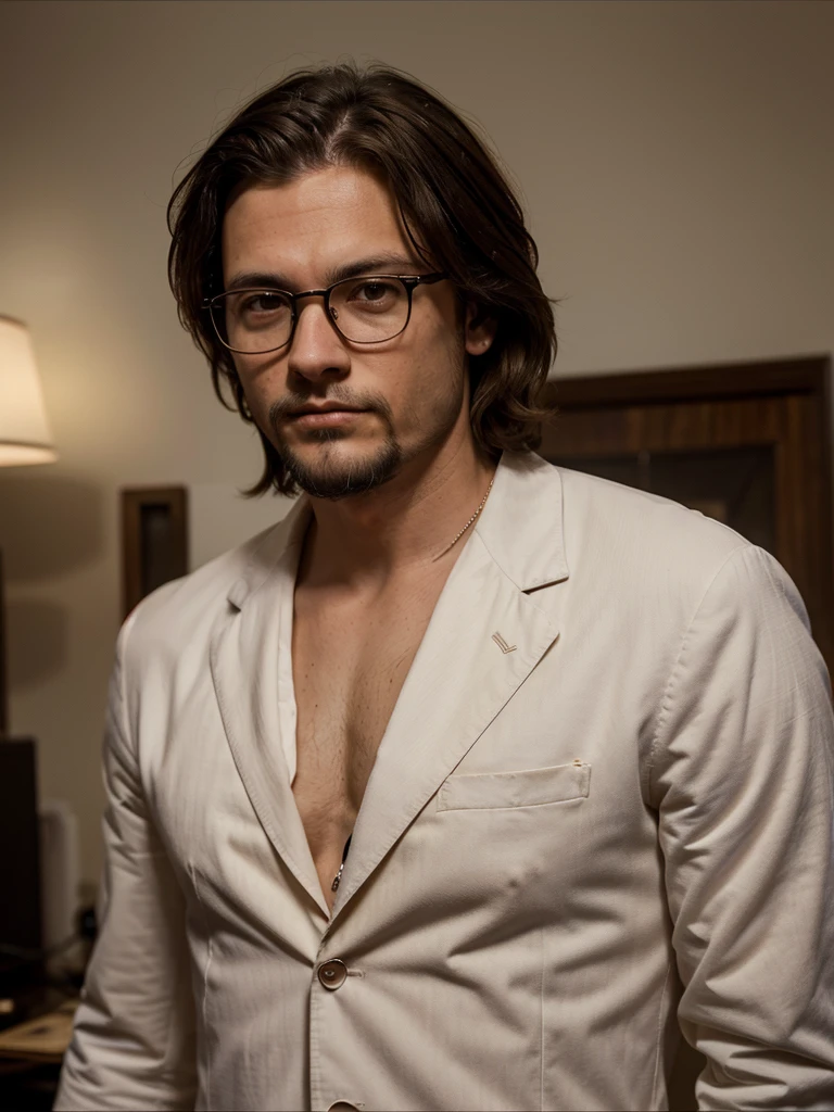 thin white man, caucasiano, western american, thirty years old, with brown hair below the ears, with a short beard, eyes browns, With glasses, similar to the actor johnny deep, dress with suit.
