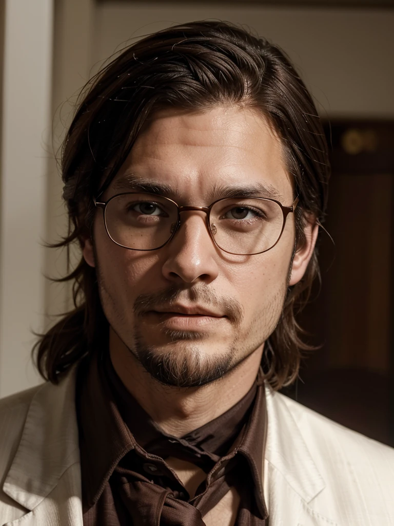 thin white man, caucasiano, western american, thirty years old, with brown hair below the ears, with a short beard, eyes browns, With glasses, similar to the actor johnny deep, dress with suit.
