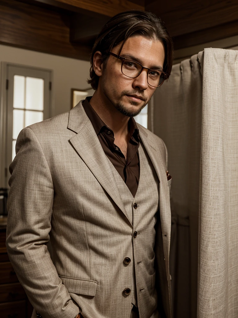 thin white man, caucasiano, western american, thirty years old, with brown hair below the ears, with a short beard, eyes browns, With glasses, similar to the actor johnny deep, dress with suit.