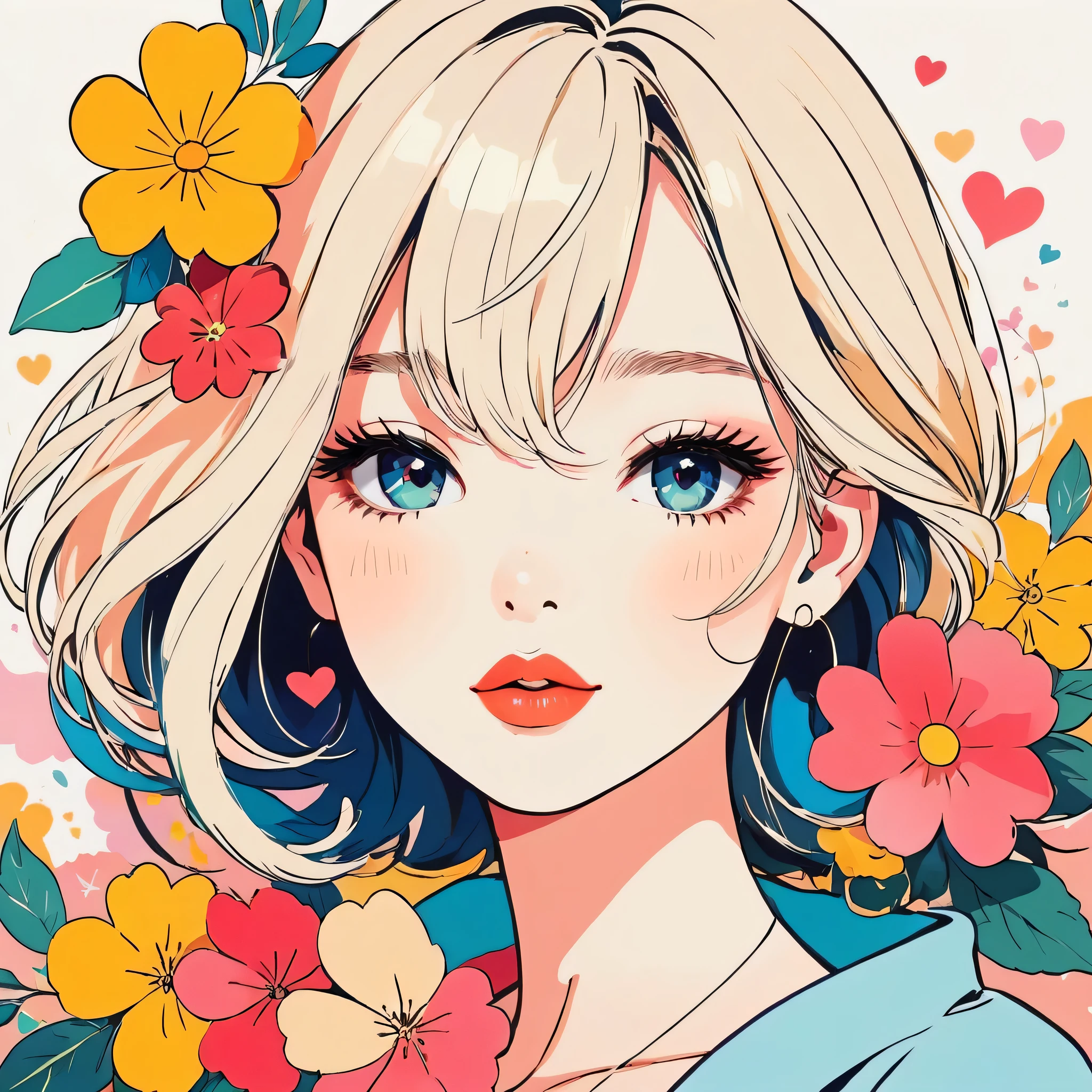 Mika Pikazo style, Simple Line Initialism,Abstract art,Urban Background, colorful flowers ,(((The most beautiful girl of all time))), Sweet face, Lips in love