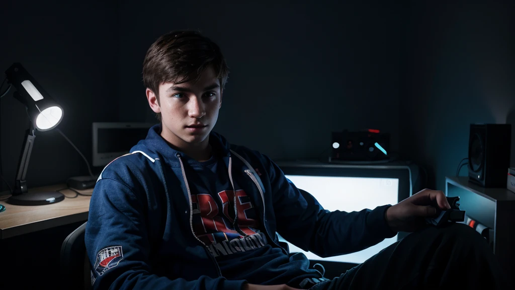 teenage european boy, playing videogames in his dark room lit with blue and red LED lights, looking this way, hyperrealistic, bright and vibrant colors, limited colors, nice lighting, high resolution, best quality, ultra detailed, dynamic angle, intricate details