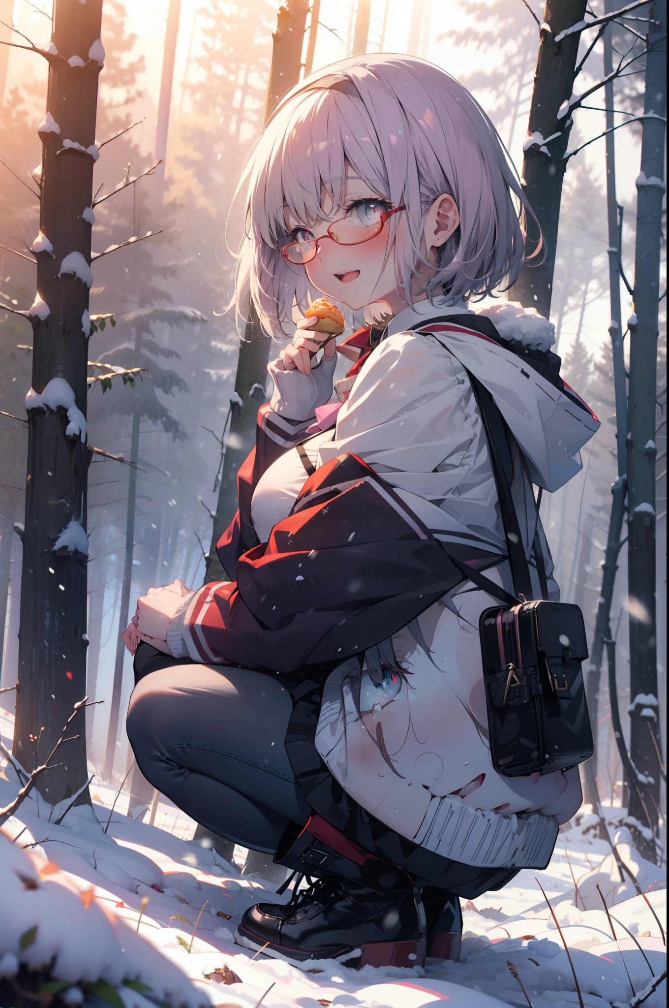 akaneshinjou, shinjou akane, Light purple hair, (Pink Eyes:1.2), short hair,Akagi Glasses,hair band,smile,blush,White Breath,Big Breasts,
Open your mouth,snow,Ground bonfire, Outdoor, boots, snowing, From the side, wood, suitcase, Cape, Blurred, having meal, forest, White handbag, nature, Squat, Mouth closed, Cape, winter, Written boundary depth, Black shoes, red Cape break looking at viewer, Upper Body, whole body, break Outdoor, forest, nature, break (masterpiece:1.2), Highest quality, High resolution, unity 8k wallpaper, (shape:0.8), (Beautiful and beautiful eyes:1.6), Highly detailed face, Perfect lighting, Highly detailed CG, (Perfect hands, Perfect Anatomy),