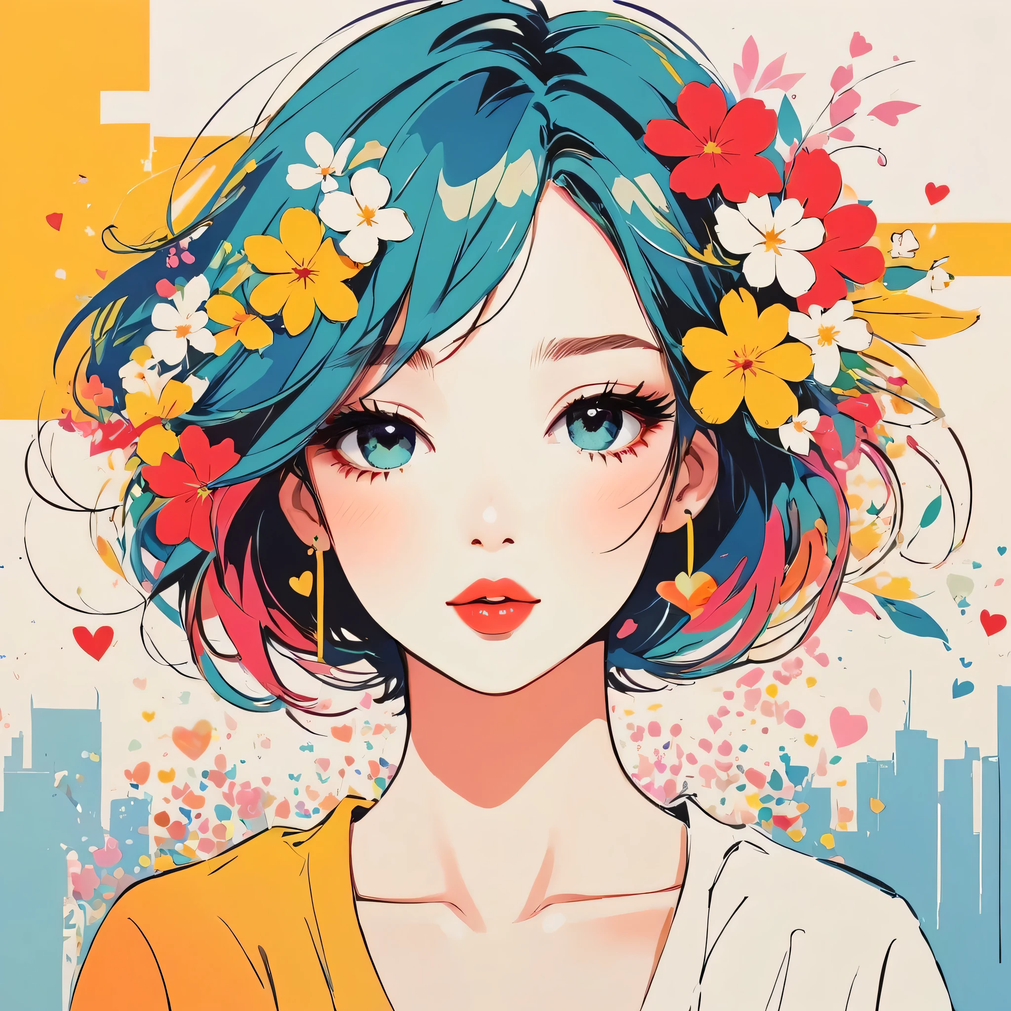 Mika Pikazo style, Simple Line Initialism,Abstract art,Urban Background, colorful flowers ,(((The most beautiful girl of all time))), Sweet face, Lips in love