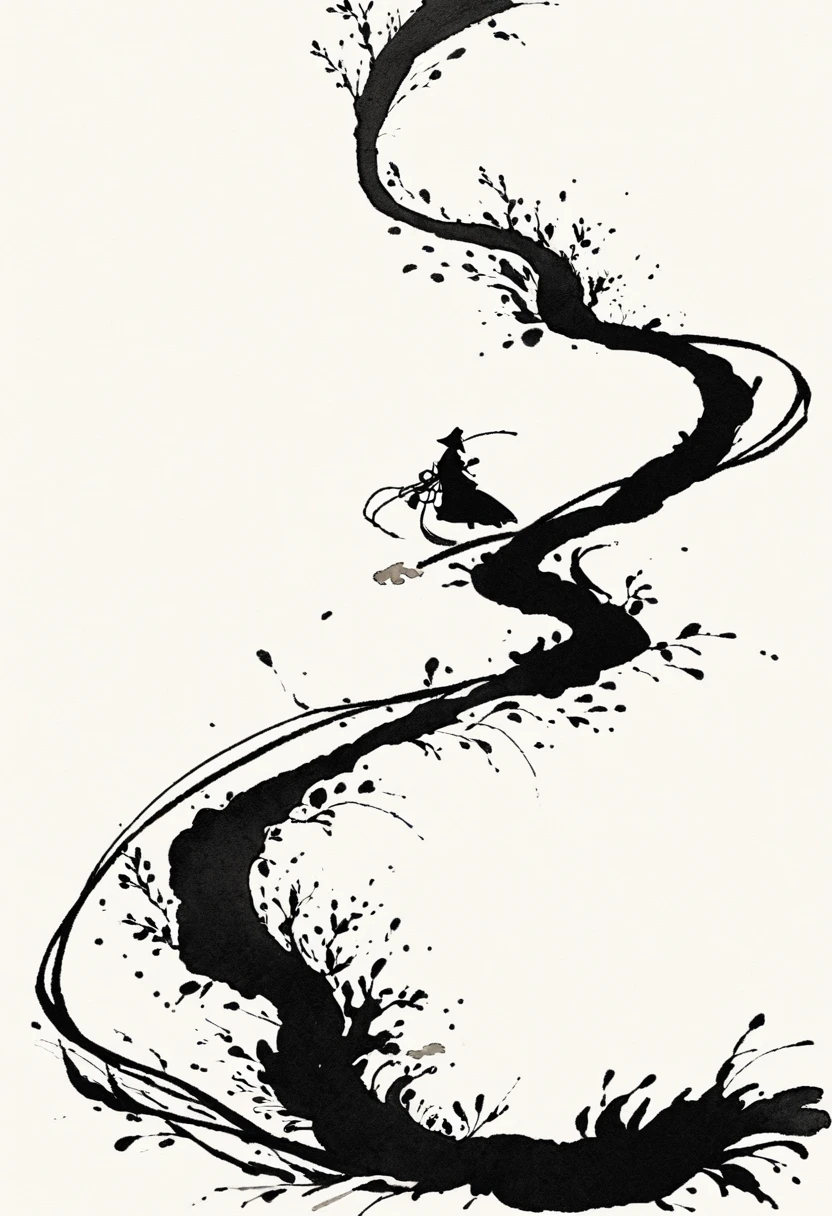 中国Ink Painting, Cyan and White, Minimum, Wire, White background,The Trail, Minimalism, Wire性风格, Huge negative space, Ink Painting, Abstract