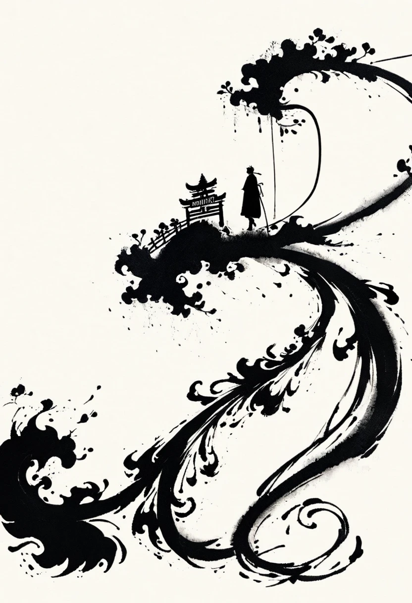 中国Ink Painting, Cyan and White, Minimum, Wire, White background,The Trail, Minimalism, Wire性风格, Huge negative space, Ink Painting, Abstract