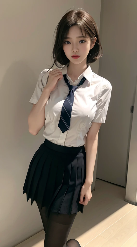 Korean 、summer uniform shirt、Tight fitting shirts、Ribbon Ties、skirt by the、schools、stairs at school、chest lifting pose、The focus is on the chest、Thin and big、8K Raw photograph、A high resolution、18-year-old Korean、It looks embarrassing、Very large round breasts、beautidful eyeeticulous details、long eyelasher、beautiful double eyelid、eye shadows、eyeline、eyes elongated、elongate eye shape、Sanpaku eyes、Beautiful and thin legs、Beautiful and slender thighs、Random Shorthair、tie your hair back、ear nipple ring、Light brown hair、(Wear pantyhose)、hold your knees，wears glasses