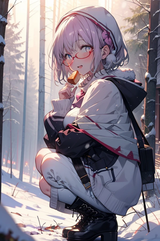 akaneshinjou, shinjou akane, Light purple hair, (Pink Eyes:1.2), short hair,Akagi Glasses,hair band,smile,blush,White Breath,Big Breasts,
Open your mouth,snow,Ground bonfire, Outdoor, boots, snowing, From the side, wood, suitcase, Cape, Blurred, having meal, forest, White handbag, nature, Squat, Mouth closed, Cape, winter, Written boundary depth, Black shoes, red Cape break looking at viewer, Upper Body, whole body, break Outdoor, forest, nature, break (masterpiece:1.2), Highest quality, High resolution, unity 8k wallpaper, (shape:0.8), (Beautiful and beautiful eyes:1.6), Highly detailed face, Perfect lighting, Highly detailed CG, (Perfect hands, Perfect Anatomy),