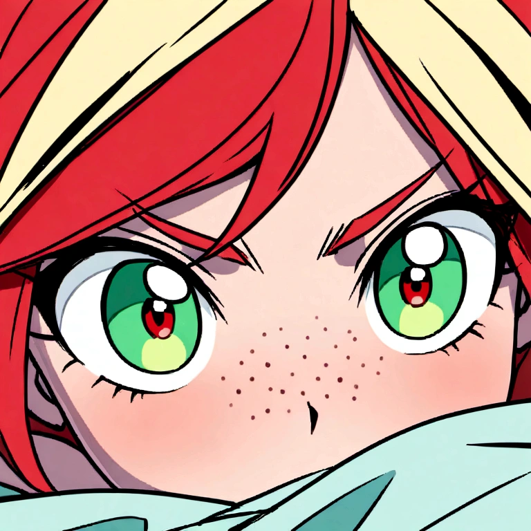 A woman with red hair and green eyes. and has light freckles *manhua* *boku no hero academia* 
They are both naked 
her boyfriend is big

They lie on the bed but the girl sits on Katsuki's dick  

katsuki Bakugo blonde and red eyed and he is a man

