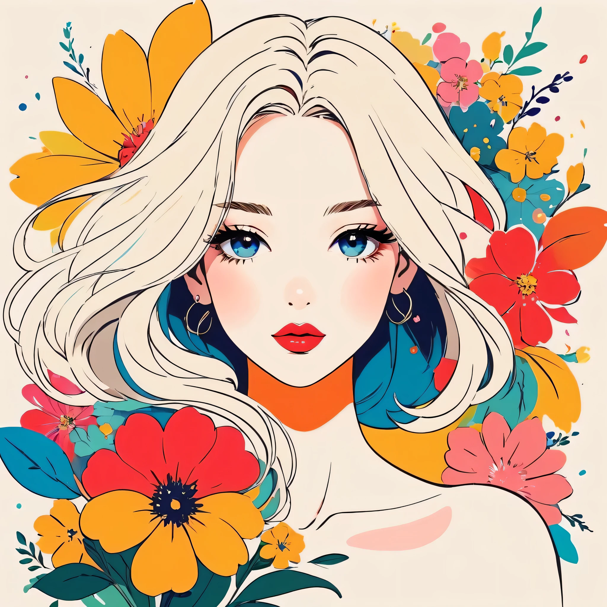 Mika Pikazo style, Simple Line Initialism,Abstract art,Urban Background, colorful flowers ,(((The most beautiful girl of all time))), Sweet face, Lips in love