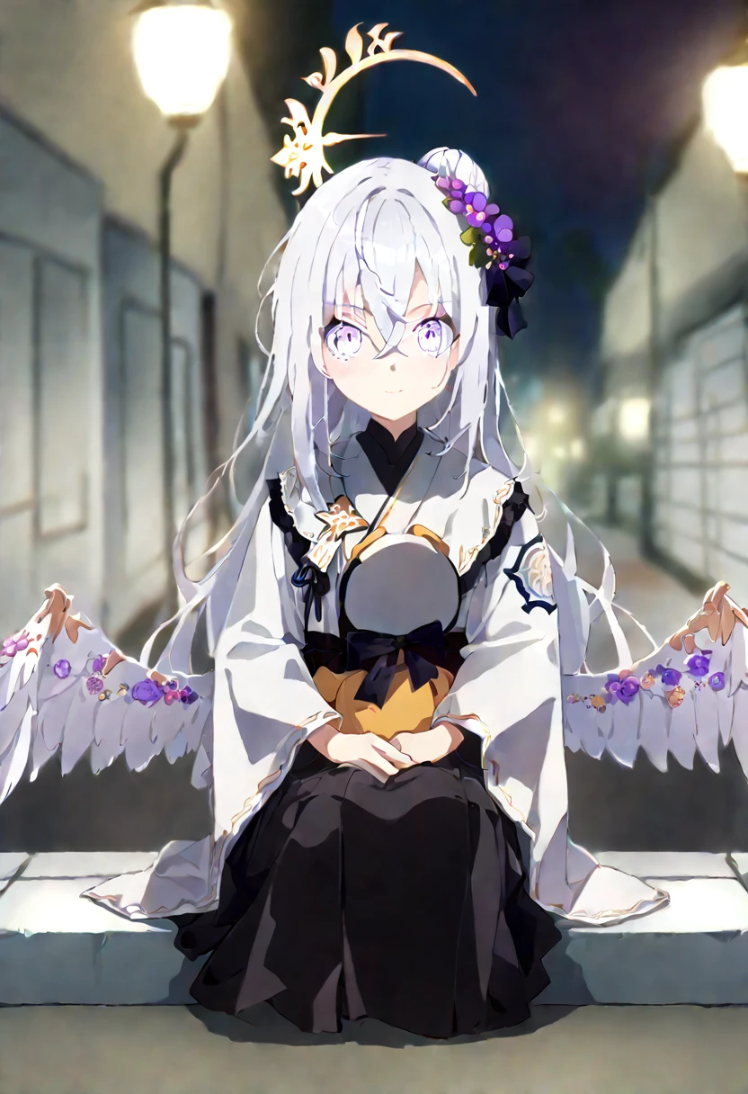 azusa \(blue archive\),1girl alternate_costume alternate_hairstyle angel_wings bench blurry braid braided_bun building depth_of_field feathered_wings flower hair_between_eyes hair_bun halo japanese_clothes kimono lamppost long_hair long_sleeves looking_at_viewer night night_sky obi obiage park park_bench purple_eyes sash sidelocks single_hair_bun sitting sky skyline skyscraper solo star_(sky) starry_sky stuffed_toy tree v_arms white_hair white_wings wide_sleeves wings yukata smile