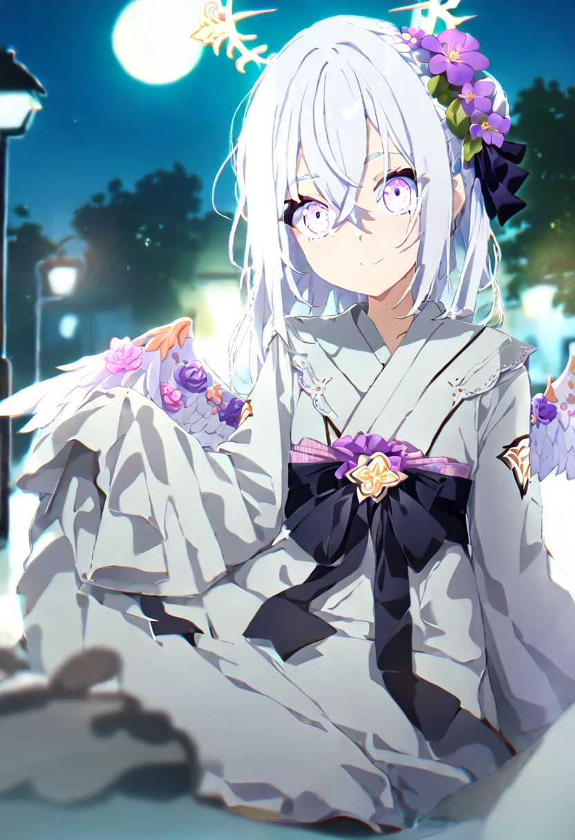 azusa \(blue archive\),1girl alternate_costume alternate_hairstyle angel_wings bench blurry braid braided_bun building depth_of_field feathered_wings flower hair_between_eyes hair_bun halo japanese_clothes kimono lamppost long_hair long_sleeves looking_at_viewer night night_sky obi obiage park park_bench purple_eyes sash sidelocks single_hair_bun sitting sky skyline skyscraper solo star_(sky) starry_sky stuffed_toy tree v_arms white_hair white_wings wide_sleeves wings yukata smile