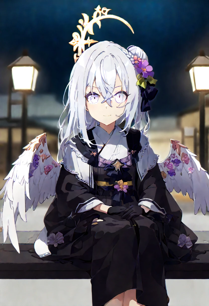 azusa \(blue archive\),1girl alternate_costume alternate_hairstyle angel_wings bench blurry braid braided_bun building depth_of_field feathered_wings flower hair_between_eyes hair_bun halo japanese_clothes kimono lamppost long_hair long_sleeves looking_at_viewer night night_sky obi obiage park park_bench purple_eyes sash sidelocks single_hair_bun sitting sky skyline skyscraper solo star_(sky) starry_sky stuffed_toy tree v_arms white_hair white_wings wide_sleeves wings yukata smile