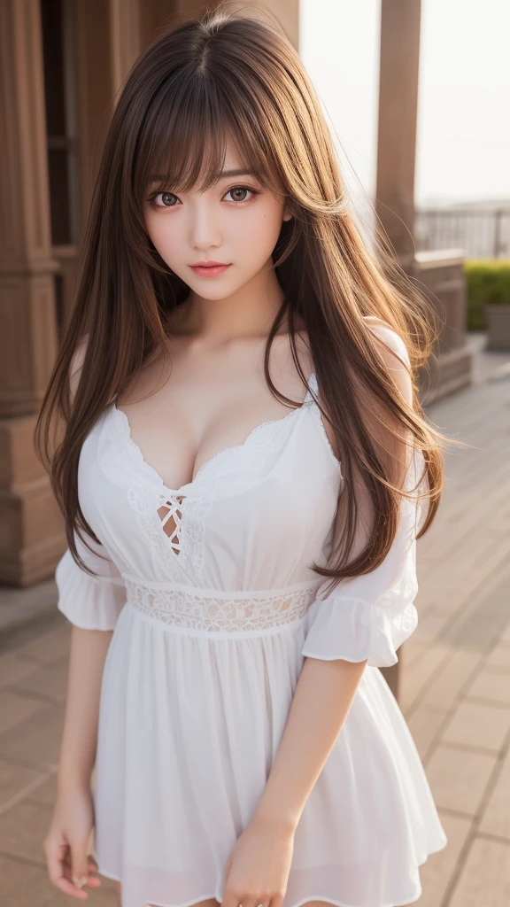 Full Body Shot、Are standing、Flying debris, Highest quality, shape, Very detailed, The finer details, High resolution, 8K デンデ wallpaper, 完璧なダイナミックな構shape, Fine and beautiful eyes, dress, Long brown hair、Bangs that flow between the eyes、 Hair above the eyes on the chest, Natural color lip, Random sexy poses,Embarrassed look,２０Year old beautiful girl，Cute type、Her big, Her bright brown eyes sparkle beautifully.、Very big eyes、Cheek highlight、Very white and beautiful skin、Shiny skin、Beautiful girl with small face
