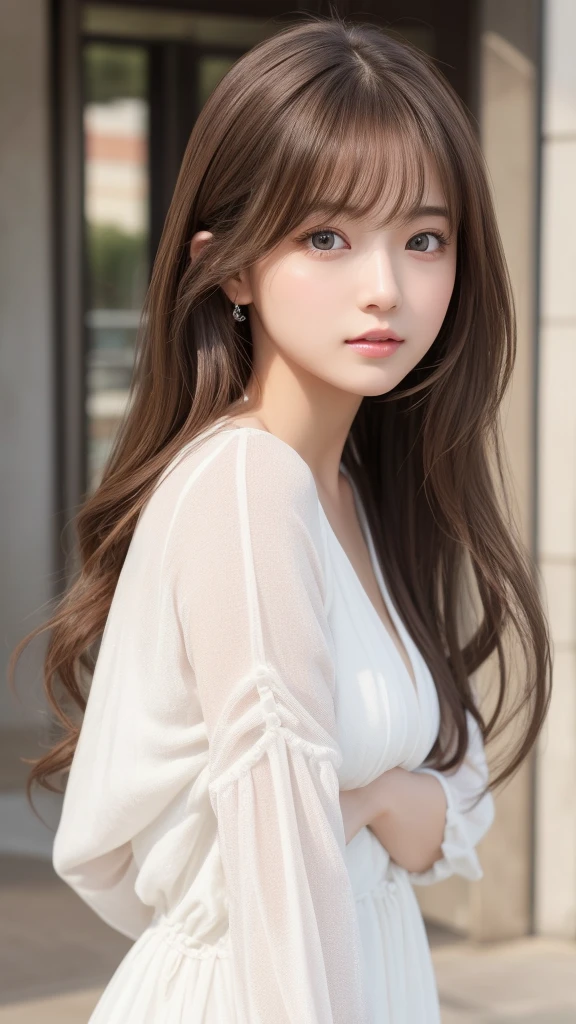 Full Body Shot、Are standing、Flying debris, Highest quality, shape, Very detailed, The finer details, High resolution, 8K デンデ wallpaper, 完璧なダイナミックな構shape, Fine and beautiful eyes, dress, Long brown hair、Bangs that flow between the eyes、 Hair above the eyes on the chest, Natural color lip, Random sexy poses,Embarrassed look,20Year old beautiful girl,Cute type、Her big, Her bright brown eyes sparkle beautifully.、Very big eyes、Cheek highlight、Very white and beautiful skin、Shiny skin、Beautiful girl with small face