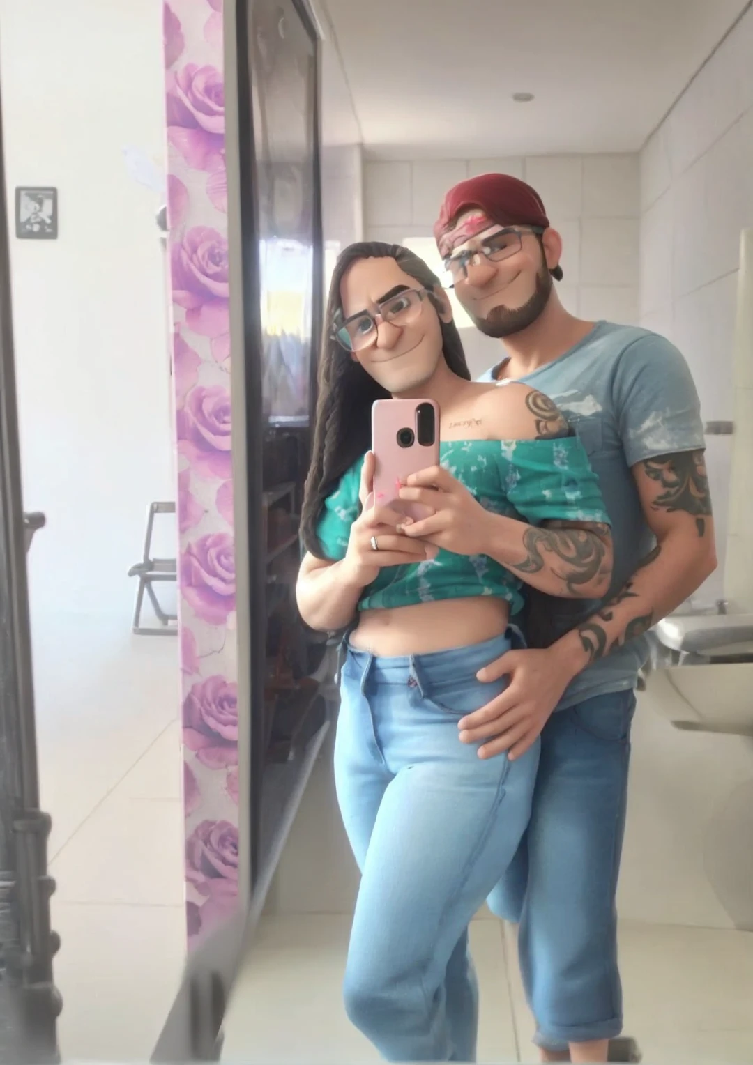 Create this image man glasses rounded bald long face taking photo in mirror with tattoo create no beard smiling