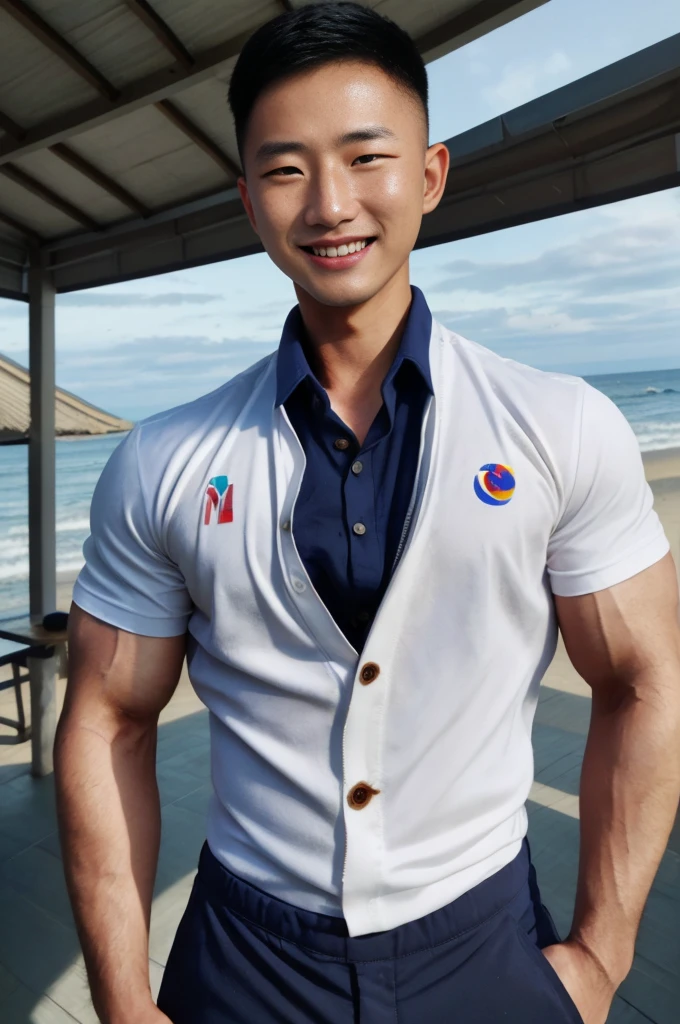 (Create a masterpiece: 1.2),(CGI art:1.3),(realistic:1.5),(After processing:1.3), (Sharp focus:1.3), 1 man, open mouth, smile, (Shirt with open buttons:1.5), Navy cargo pants, Korean guy , korean men, (High gloss details), chest muscles, large arm muscles, blood vessel, Big muscles, Broad shoulders, looking at the audience, Balancing the eyes, seaside beach sunshine looking at the sea