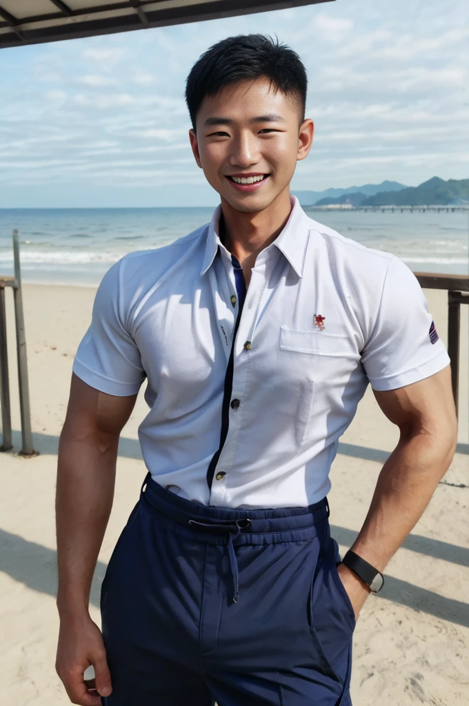 (Create a masterpiece: 1.2),(CGI art:1.3),(realistic:1.5),(After processing:1.3), (Sharp focus:1.3), 1 man, open mouth, smile, (Shirt with open ons:1.5), Navy cargo pants, Korean guy , korean men, (High gloss details), chest muscles, large arm muscles, blood vessel, Big muscles, Broad shoulders, looking at the audience, Balancing the eyes, seaside beach sunshine looking at the sea