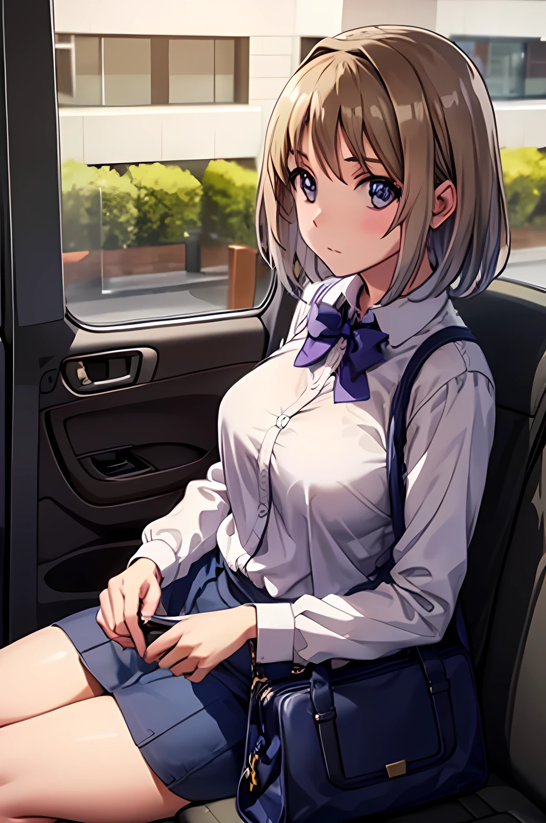 a pretty girl looking at her handbag out the window of a vehicle, 1girl, breasts, solo, sitting, shirt