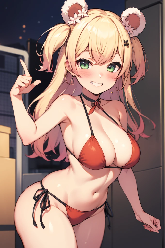 , 1girl, solo, , nene_official, bear ears, two side up, ,, (Grin,blush,),bikini,cowboy shot