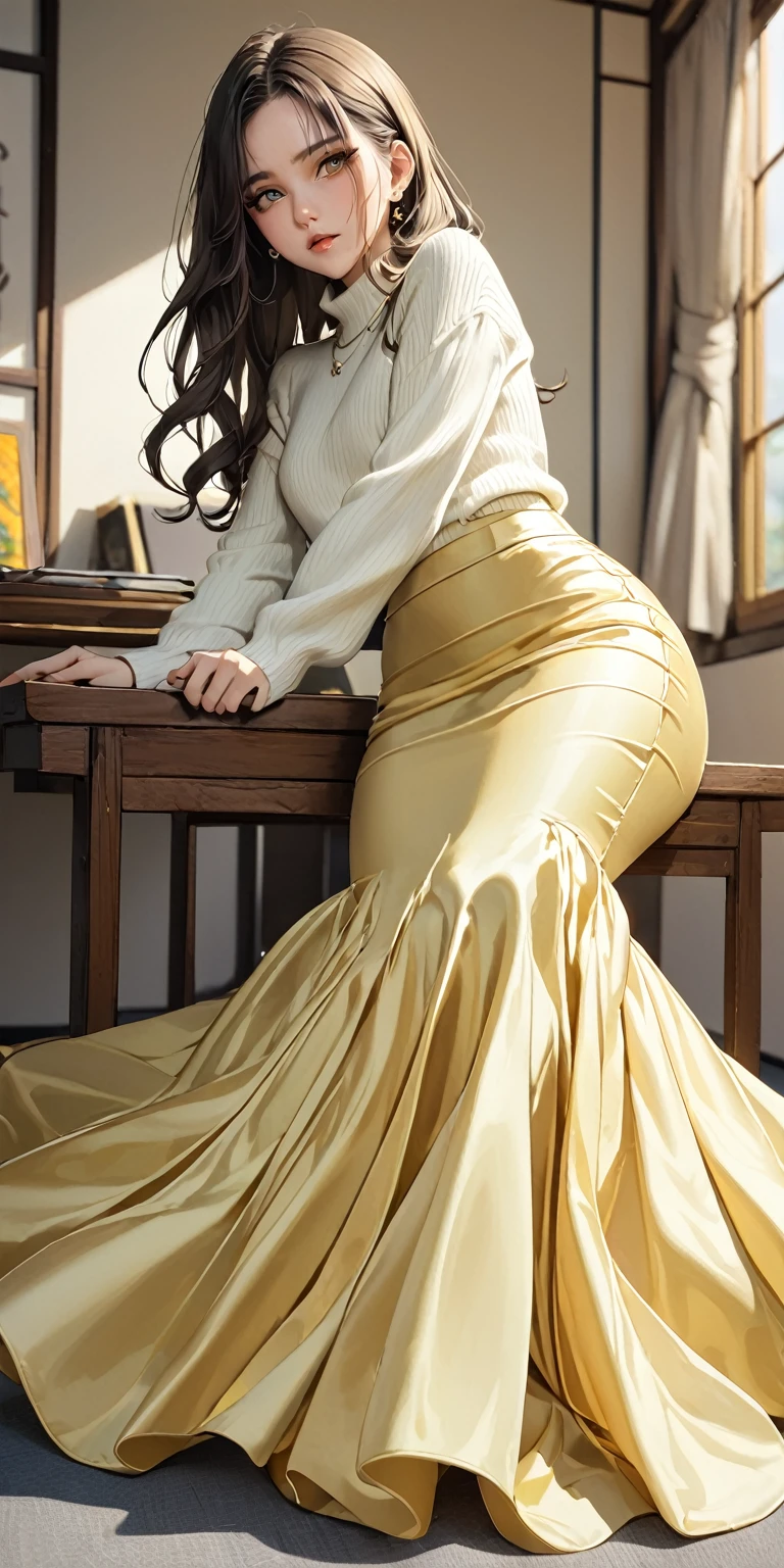 Portraiture、(masterpiece,Highest quality,Ultra-high resolution),Japanese women, (((Very beautiful 25 year old girl))),Long sleeve sweater、((Light yellow satin mermaid long skirt))、The skirt is ankle-length、