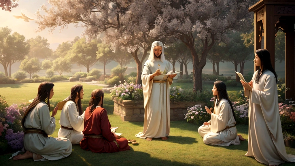 "Description: Illustrate a serene and heavenly scene where believers of diverse backgrounds are gathered in a tranquil garden or celestial realm. Show them engaged in joyful activities like worship, fellowship, and contemplation, symbolizing their anticipation of eternal life.
Details: Use soft, ethereal lighting and gentle colors to create a sense of peace and spiritual fulfillment. Incorporate elements such as open books with scriptures, angelic figures, and a radiant horizon symbolizing the promise of eternal dawn. This visual should convey the biblical theme of hope and assurance in eternal life for believers."