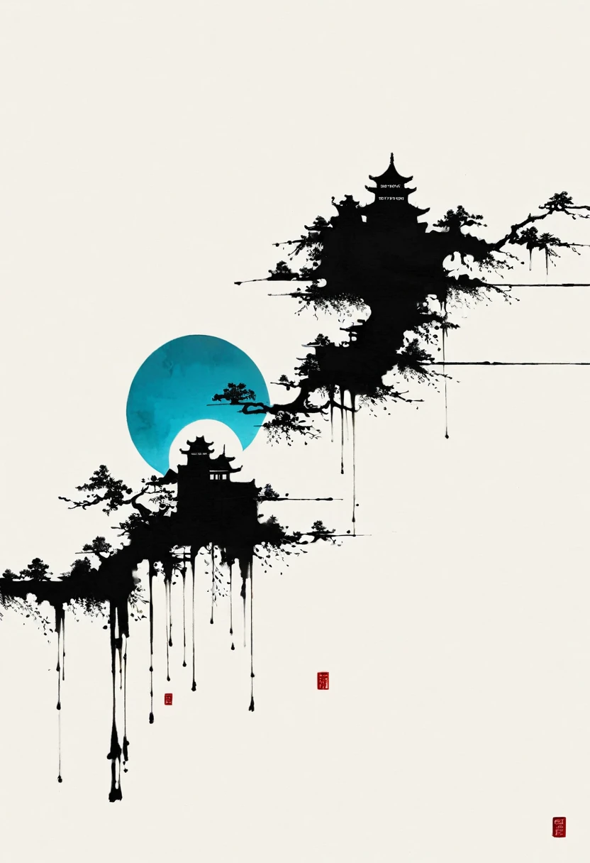 中国Ink Painting, Cyan and White, Minimum, Wire, White background,Great Wall, Minimalism, Wire性风格, Huge negative space, Ink Painting, Abstract