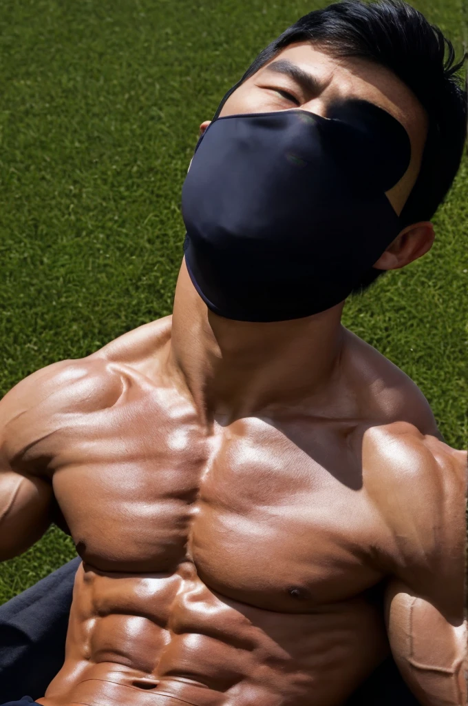 young asian man in a black polo shirt sitting on the grass with a serious expression, looking into the distance Turn your head slightly.,daytime (Create a masterpiece: 1.2),(CGI art:1.3),(realistic:1.5),(After processing:1.3), (Sharp focus:1.3), 1 man, open mouth, smile, (Shirt with open buttons), Navy cargo pants, Korean guy , korean men, (High gloss details), chest muscles, large arm muscles, blood vessel, Big muscles, Broad shoulders, looking at the audience, Balancing the eyes, seaside beach sunshine looking at the sea
