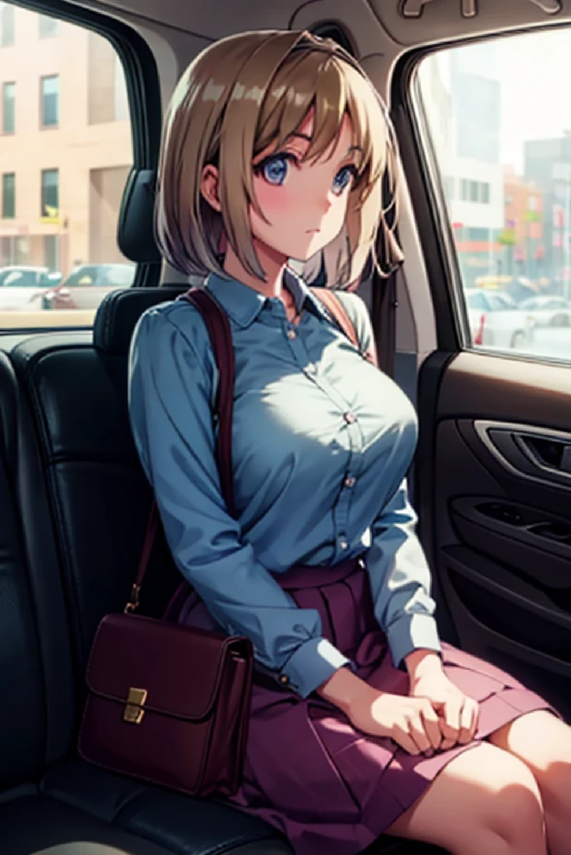 a pretty girl looking at her handbag out the window of a vehicle, 1girl, breasts, solo, sitting, shirt