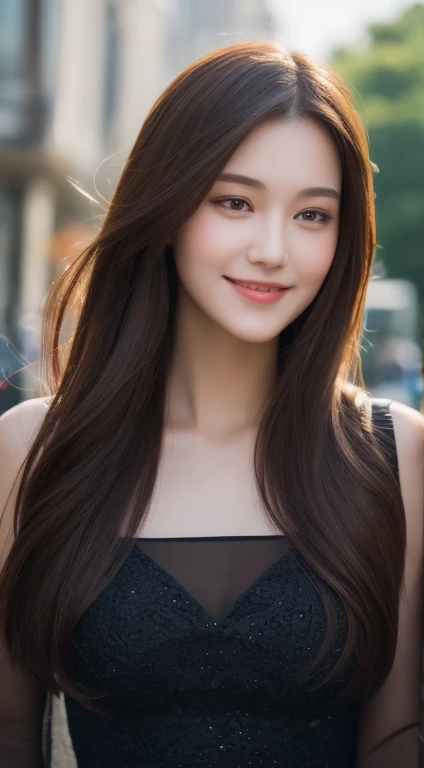 ((best quality, 8K, Masterpiece :1.3)), 1 girl, smile, full body, Slender face, beautiful woman, (dark brown hair), long dress :1.1, Highly detailed face, Detailed eyes, Double eyelids, blurred background, Slender face, city, outside, road,