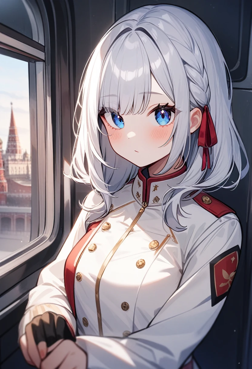 One girl,  Alisa Mikhailovna Kujo,Tomorrow, my friend, Arya-san, will be visiting Russia.,alone, Long Hair, Eyebrows visible through hair, Hair between the eyes, Silver Hair, Hair Ribbon, blue eyes, Medium chest, ,Long sleeve, Jacket,
View your viewers, 
Highest quality, so beautiful, Moscow、It&#39;s snowing