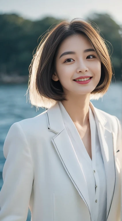 ((best quality, 8K, Masterpiece: 1.3)), , Point of interest: 1.2, perfect body beauty: 1.4, bottom: 1.2, (Layered haircut: 1.2)), (dark road: 1.3), Highly detailed facial and skin textures, full body, good eyes, Double eyelids, Whiter skin, long hair, (round face: 1.5), (white suit style: 1.6). Smiling, standing on a yacht in the sea, looking at the sea