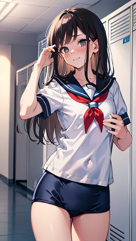masterpiece,Highest quality,High resolution,shape,Very detailed,8k CG wallpaper,Ray Tracing,(Black Hair:1.1),((Long Hair:1.1)),(Black Eye 1:1.1),Straight hair,Medium Chest,((embarrassing 1:1.3)),((Turn up the hem 1:1.1)),((White short-sleeved sailor uniform:1.2)),locker room,School Swimsuit