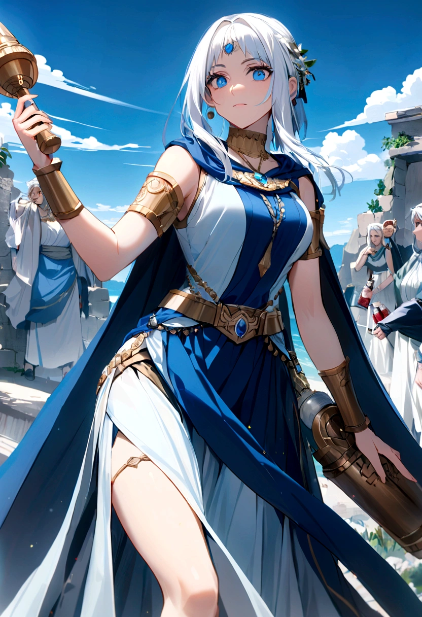 (Huang Li、high quality、Extremely detailed),Constellation - Aquarius Goddess,Huge bottle,Woman holding bottle,Similar to Latin goodness,brave,capricious,Productivity,The face of enterprising and humanitarianism,White hair,Ancient Greek costumes、Wrap Dress,The background is the ocean,Crystal blue eyes(Eyes Details),Powerful appearance