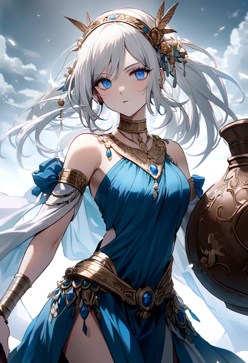 (Huang Li、high quality、Extremely detailed),Constellation - Aquarius Goddess,Huge bottle,Woman holding bottle,Similar to Latin goodness,brave,capricious,Productivity,The face of enterprising and humanitarianism,White hair,Ancient Greek costumes、Wrap Dress,The background is the ocean,Crystal blue eyes(Eyes Details),Powerful appearance