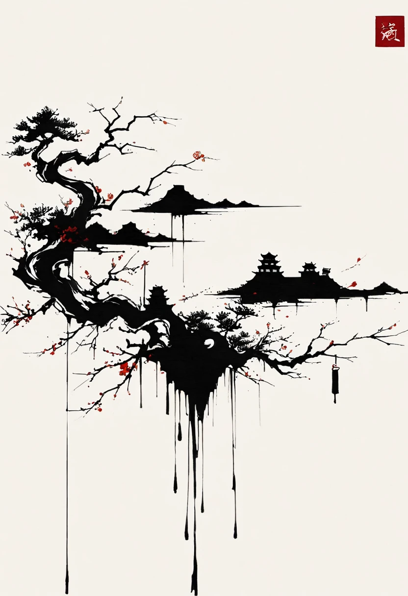 中国Ink Painting, Cyan and White, Minimum, Wire, White background,Great Wall, Minimalism, Wire性风格, Huge negative space, Ink Painting, Abstract,Bloodstained Remnants