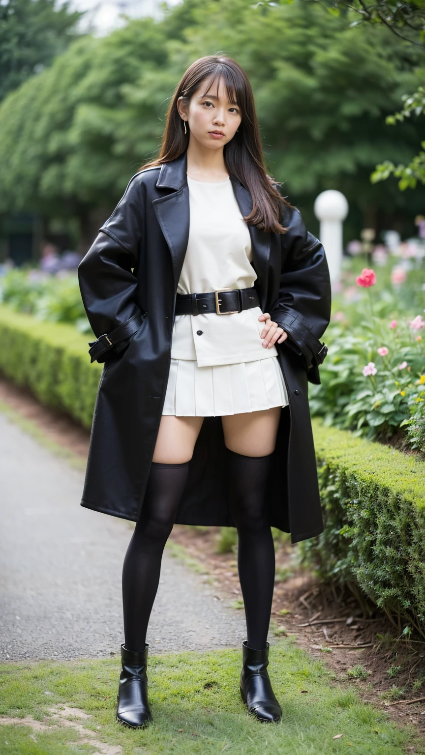 (8K、RAW Photos、Highest quality、masterpiece:1.2)、(Realistic、Realistic)、1 Girl、((mini skirt、coat、black、Thin legs、whole body、boots、one piece、tights、garden、View from the front、Looking into the camera、belt、Stand with hands on hips))、cute