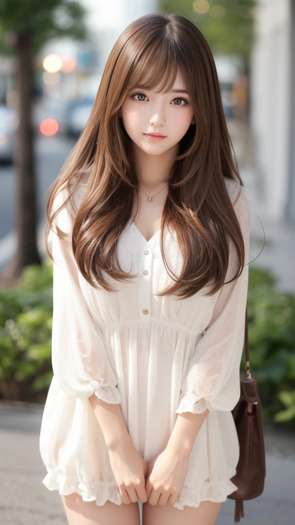 Full Body Shot、Are standing、Beautiful legs、Flying debris, Highest quality, shape, Very detailed, The finer details, High resolution, 8K デンデ wallpaper, 完璧なダイナミックな構shape, Fine and beautiful eyes, dress, Long brown hair、Bangs that flow between the eyes、 Hair above the eyes on the chest, Natural color lip, Random sexy poses,Embarrassed look,20Year old beautiful girl,Cute type、Her big, Her bright brown eyes sparkle beautifully.、Very big eyes、Cheek highlight、Very white and beautiful skin、Shiny skin、Beautiful girl with small face
