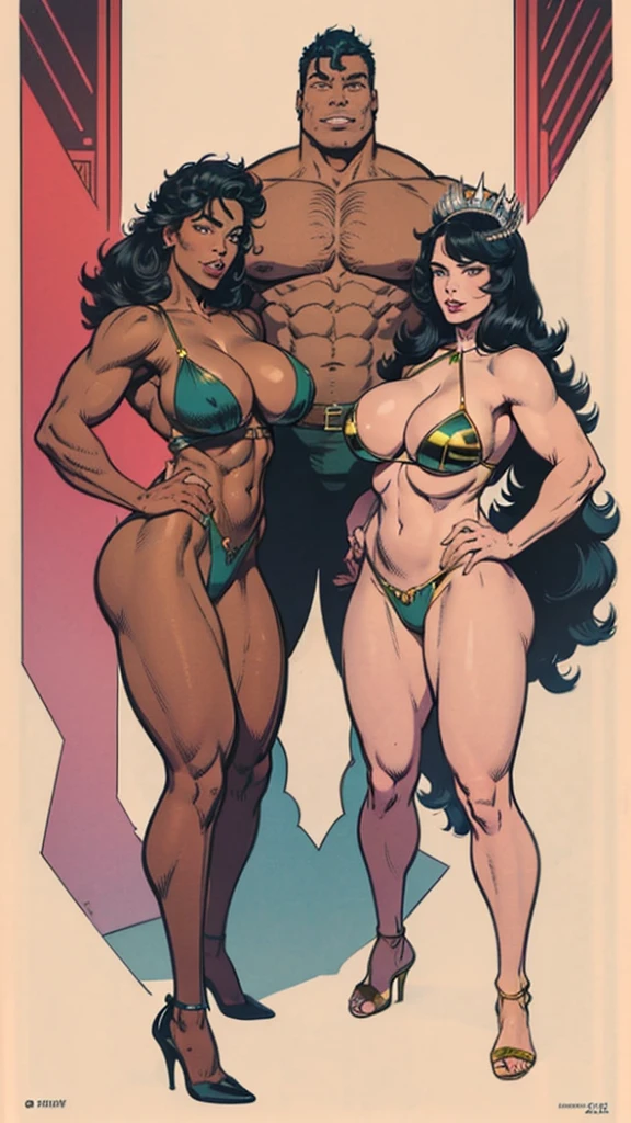 (best quality, high resolution, Artwork:1.2), standing, posing, smiling, Horny, Latin Beauty, (((Huge male bodybuilder:1.15))), huge muscular ass, (wide hips), (Slim waist) , (((Broad shoulders))), ((((huge breasts)))), nervous, (black hair), feather crown carnival, shaved hair, black hair, full body, Glossy skin, tanned skin, hands on the hips, vibrant, wearing nervous carnival attire, sensual manga line art manga panels