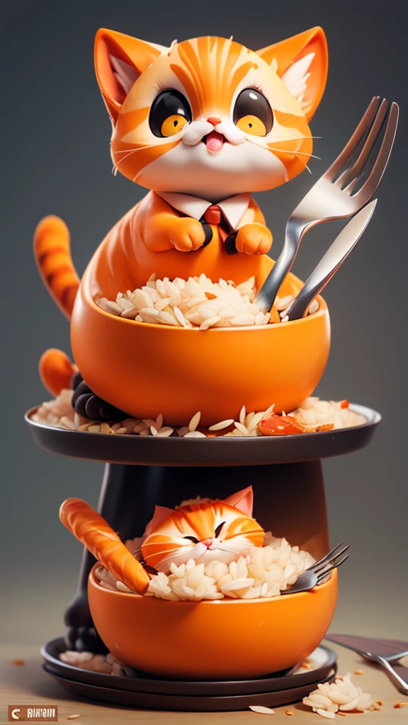 Cat，orange，fat，Anime Style，Knife and fork，eat rice，High resolution，4K