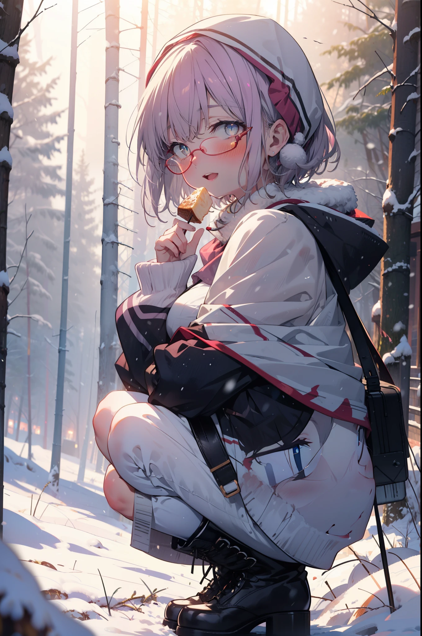 akaneshinjou, shinjou akane, Light purple hair, (Pink Eyes:1.2), short hair,Akagi Glasses,hair band,smile,blush,White Breath,Big Breasts,
Open your mouth,snow,Ground bonfire, Outdoor, boots, snowing, From the side, wood, suitcase, Cape, Blurred, having meal, forest, White handbag, nature, Squat, Mouth closed, Cape, winter, Written boundary depth, Black shoes, red Cape break looking at viewer, Upper Body, whole body, break Outdoor, forest, nature, break (masterpiece:1.2), Highest quality, High resolution, unity 8k wallpaper, (shape:0.8), (Beautiful and beautiful eyes:1.6), Highly detailed face, Perfect lighting, Highly detailed CG, (Perfect hands, Perfect Anatomy),