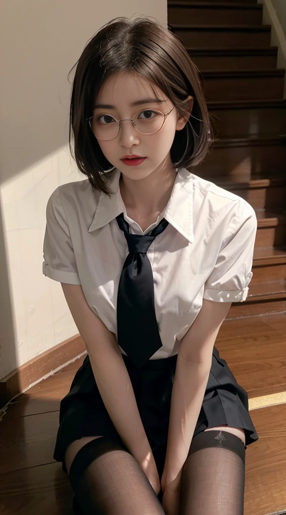 Korean 、summer uniform shirt、Tight fitting shirts、Ribbon Ties、skirt by the、schools、stairs at school、chest lifting pose、The focus is on the chest、Thin and big、8K Raw photograph、A high resolution、18-year-old Korean、It looks embarrassing、Very large round breasts、beautidful eyeeticulous details、long eyelasher、beautiful double eyelid、eye shadows、eyeline、eyes elongated、elongate eye shape、Sanpaku eyes、Beautiful and thin legs、Beautiful and slender thighs、Random Shorthair、tie your hair back、ear nipple ring、Light brown hair、(Wear pantyhose)、hold your knees,wears glasses ((nude:1.2)) crouching sitting legs spread sweat wet hairy pussy peeing water from pussy. Close up.panty shot ((no panty)) super hot japanese pornstar model having sex