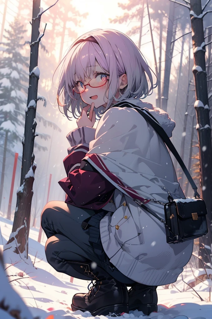 akaneshinjou, shinjou akane, Light purple hair, (Pink Eyes:1.2), short hair,Akagi Glasses,hair band,smile,blush,White Breath,Big Breasts,
Open your mouth,snow,Ground bonfire, Outdoor, boots, snowing, From the side, wood, suitcase, Cape, Blurred, having meal, forest, White handbag, nature, Squat, Mouth closed, Cape, winter, Written boundary depth, Black shoes, red Cape break looking at viewer, Upper Body, whole body, break Outdoor, forest, nature, break (masterpiece:1.2), Highest quality, High resolution, unity 8k wallpaper, (shape:0.8), (Beautiful and beautiful eyes:1.6), Highly detailed face, Perfect lighting, Highly detailed CG, (Perfect hands, Perfect Anatomy),
