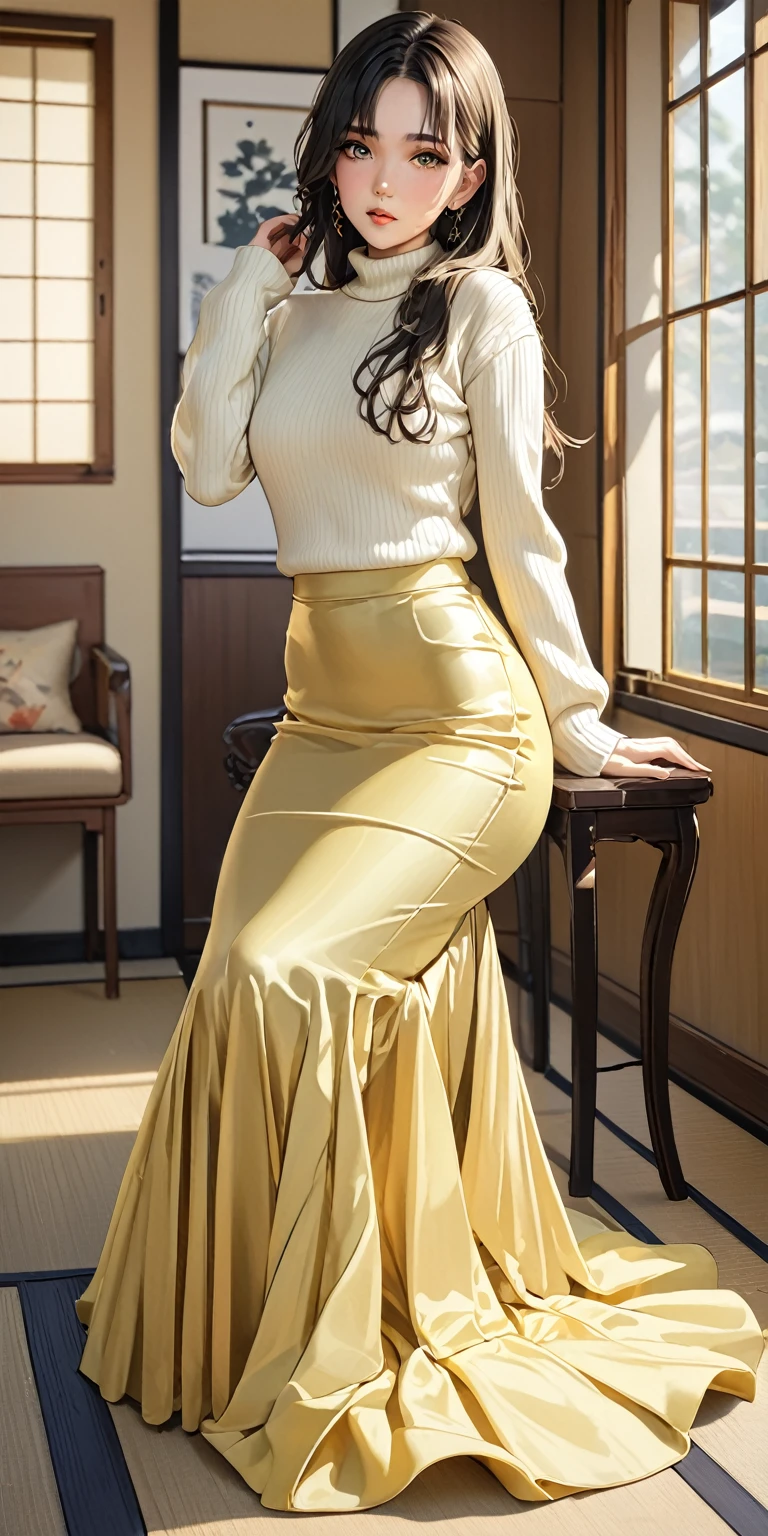 (masterpiece,highest quality,超A high resolution),Japanese women, (((Very beautiful 25 year old girl))),Long sleeve sweater、((A mermaid-style high-waisted long skirt made of satin))、The length of the skirt is up to the ankle、